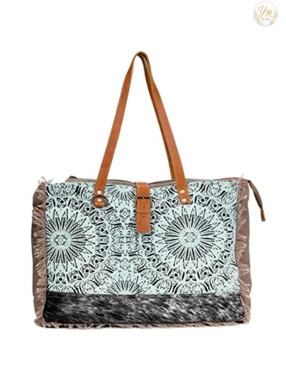 Large Canvas Tote Bag with Cowhide Hair On Leather, Shoulder Handbag for Women,